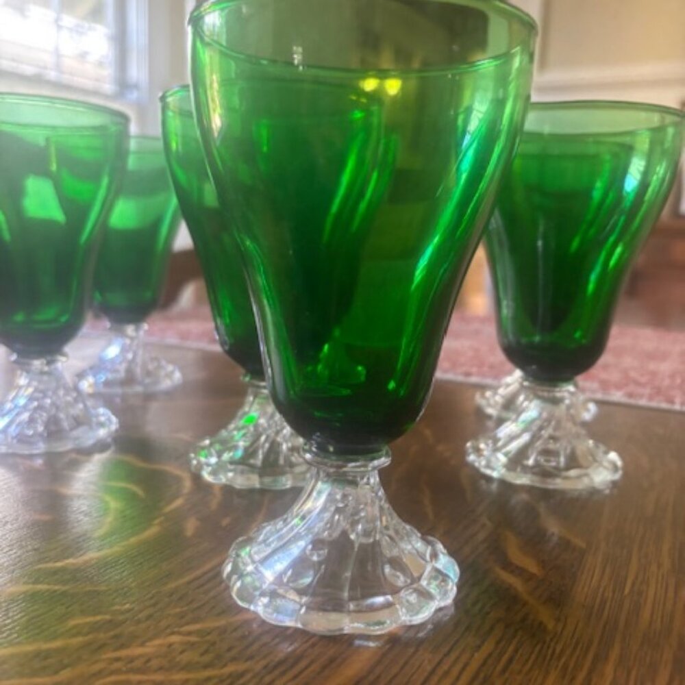 Set of Seven Anchor Hocking “Burple” Emerald Green Water Goblets (1950s)